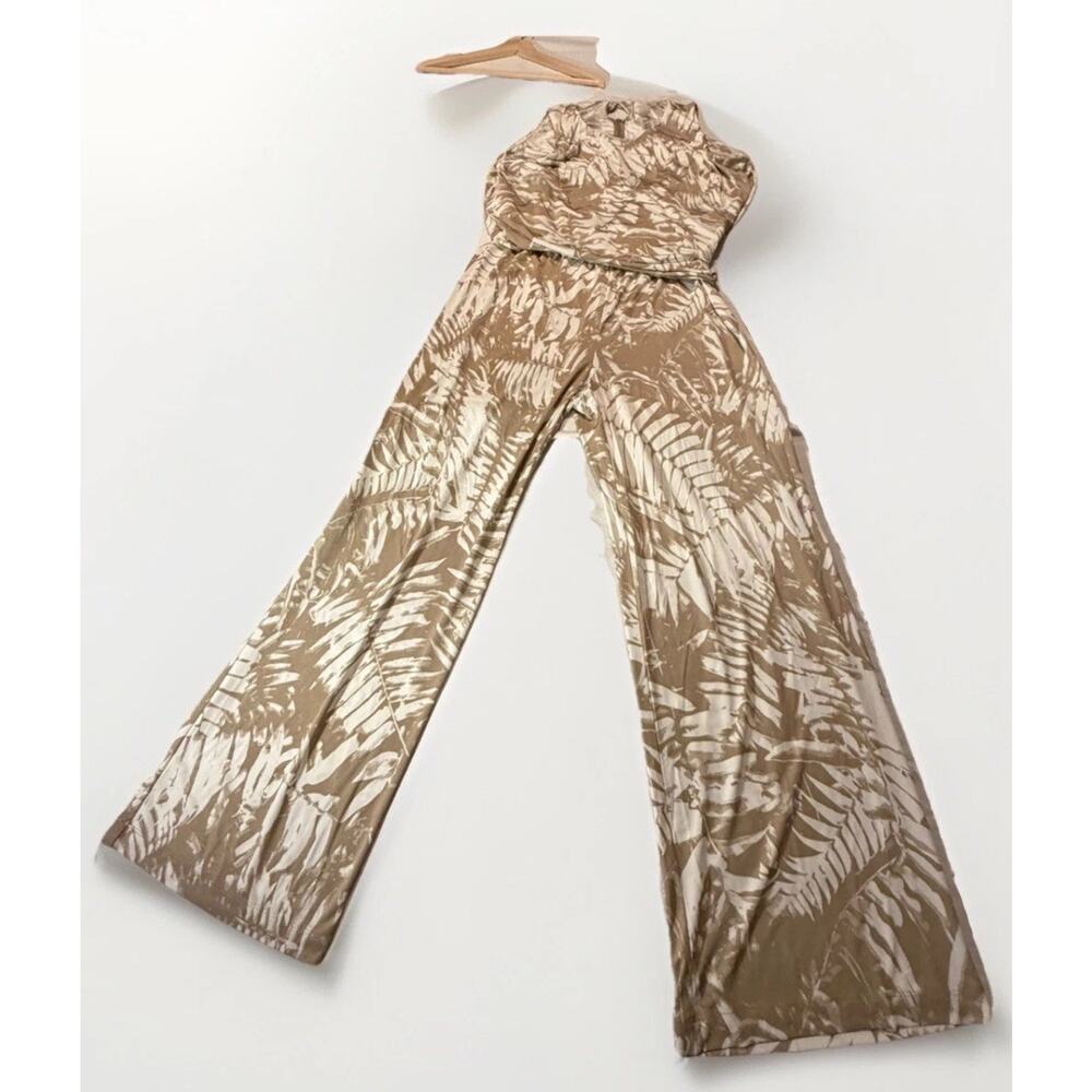 Chico's Palm Pattern Jumpsuit Wide-Leg Sleeveless Feather Tan Size 2